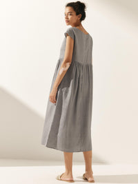 100% Linen Cap Sleeve Washed Midi Dress JOAN