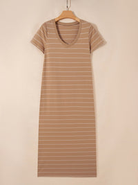 Stripe Short Sleeve Side Slit Maxi T Shirt Dress
