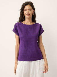 100% Linen Round Neck Button Detail Top ISABELLE