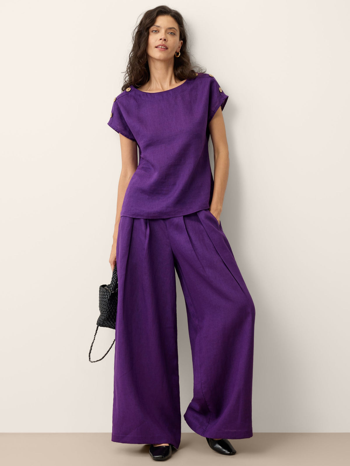 100% Linen Round Neck Button Detail Top ISABELLE