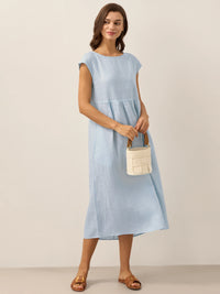 100% Linen Cap Sleeve Washed Midi Dress JOAN