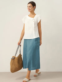 100% Linen Crescent Collar Flutter Sleeve Top FARA