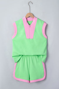 Colorblock Accent Half Zip Athleisure Top & Shorts Set