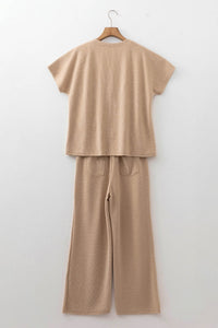 Ribbed Short Sleeve Top & Wide Leg Pants Set