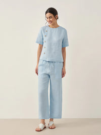 100% Linen Short-Sleeve Round Neck Button Detail Top & Pants Set JOSIE