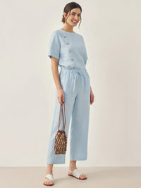 100% Linen Short-Sleeve Round Neck Button Detail Top & Pants Set JOSIE