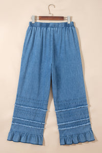 Denim Chambray Ruffle Hem Wide Leg Pants