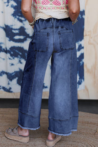 Prussian Blue Drawstring Seam Detail Raw Hem Wide Leg Denim Pants
