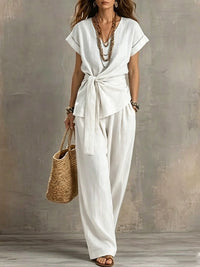 Women's V-Neck Short-Sleeve Top & Pants Two-Piece Set
