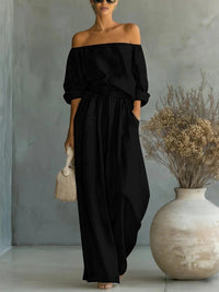 Women's Off-Shoulder Long-Sleeve Top & Wide-Leg Pants Two-Piece Set