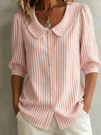 Striped V-Neck Top – Three-Quarter Sleeve Casual Shirt