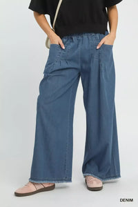 Blue Stone Washed Wide Leg Denim Jean Pants