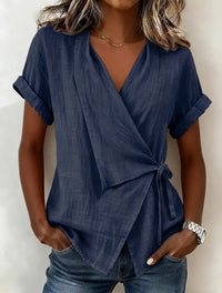 Women's Casual Lapel Collar Lace-Up Short-Sleeve Linen Top