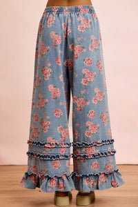 BiBi Washed Floral Denim With Ruffle Elastic Wide Pants