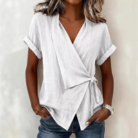 Women's Casual Lapel Collar Lace-Up Short-Sleeve Linen Top