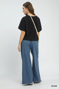 Blue Stone Washed Wide Leg Denim Jean Pants