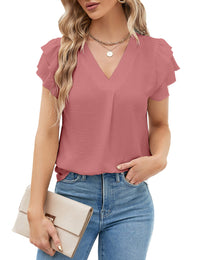 Polyester Blouses - Women's V-Neck Blouse Short Sleeve Business Casual Work Shirt Summer Top