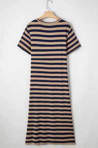 Casual Striped V-Neck Midi T-Shirt Dress
