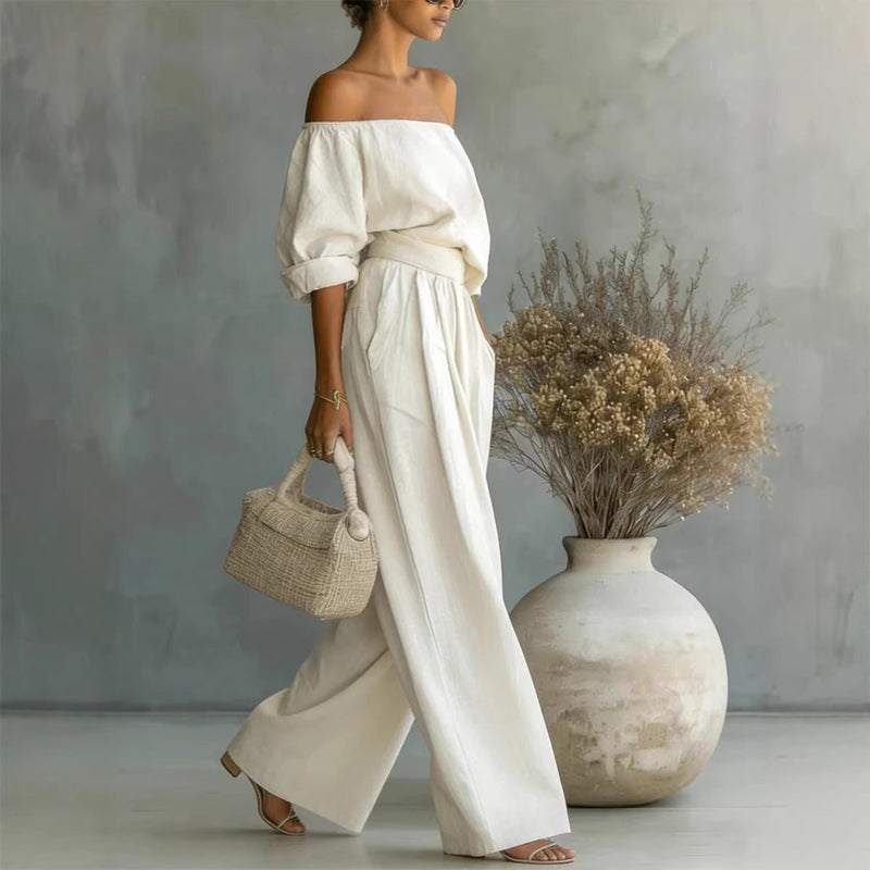 Women's Off-Shoulder Long-Sleeve Top & Wide-Leg Pants Two-Piece Set