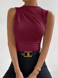Fashion Casual Mock Neck Ruched Tank Top for Women Summer 2024 Solid Color Pleated Sleeveless Tee Shirt Tshirt Streetwear Y2K