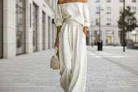 Women's Off-Shoulder Long-Sleeve Top & Wide-Leg Pants Two-Piece Set