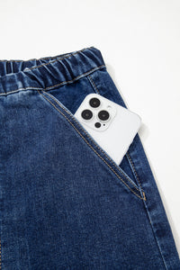 Prussian Blue Drawstring Seam Detail Raw Hem Wide Leg Denim Pants