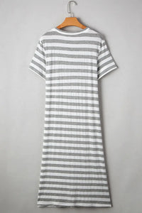 Casual Striped V-Neck Midi T-Shirt Dress