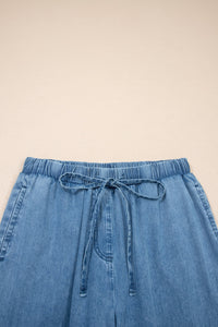 Denim Chambray Ruffle Hem Wide Leg Pants