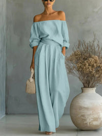 Women's Off-Shoulder Long-Sleeve Top & Wide-Leg Pants Two-Piece Set