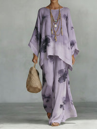 Floral Print Bamboo Linen Two-Piece Set | Wide-Leg Pants