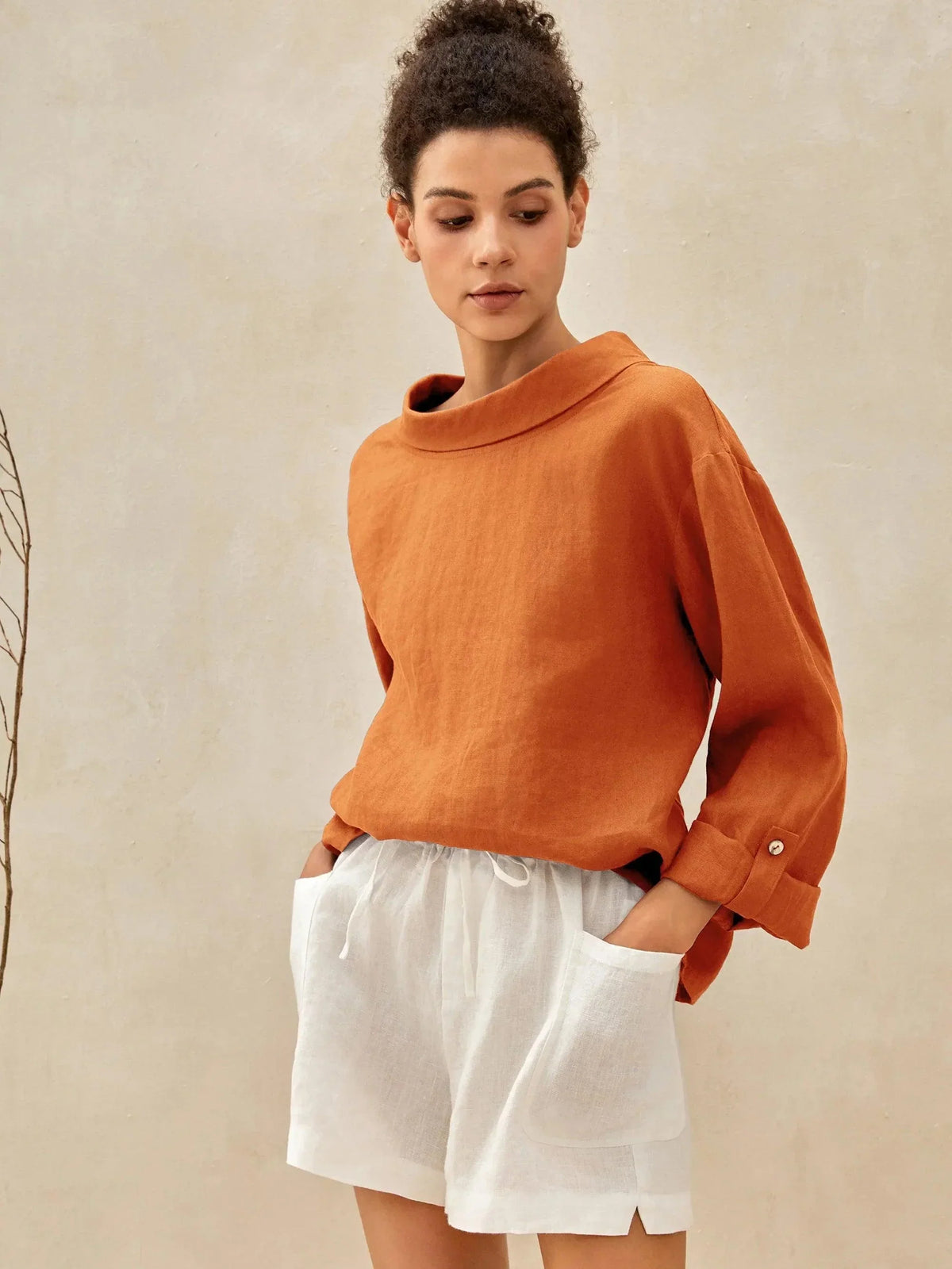 100% Linen Draped Neck Top HOLLIS